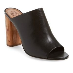Tory Burch Black “Raya” Peep Toe Mule